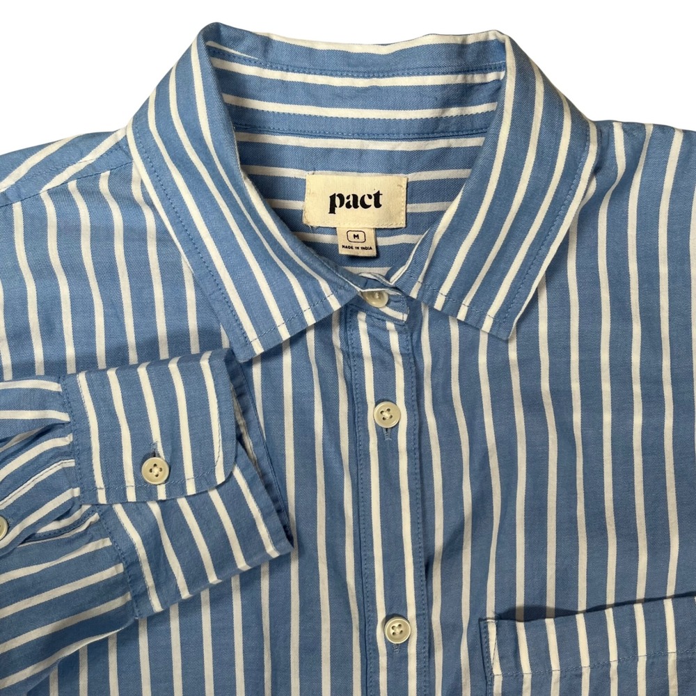 Pact Striped Button Up Shirt Women Medium Blue White Organic Cotton Casual